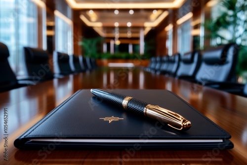 Close-up of a high-quality pen and portfolio laid out on a meeting table, representing professionalism and preparation, symbolizing readiness and presentation photo