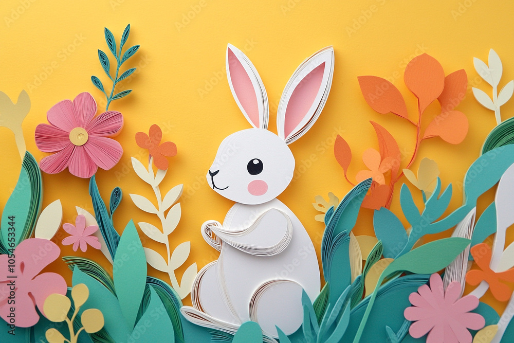 Obraz premium Cute rabbit art from cutting and quilling paper.
