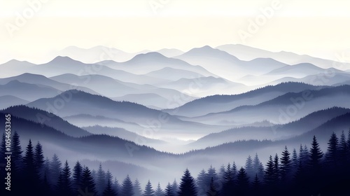 A serene landscape featuring layered mountains in shades of blue and gray, with a dense forest silhouette in the foreground, evoking a tranquil and calm atmosphere.