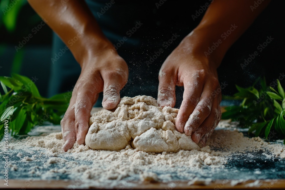 Close-up of soft dough being kneaded with fingers pressing in, showing the tactile pleasure and warmth of making homemade bread, symbolizing comfort and homeliness Close-up of soft dough being kneaded with fingers pressing in, showing the tactile pleasure and warmth of making homemade bread, symbolizing comfort and homeliness
