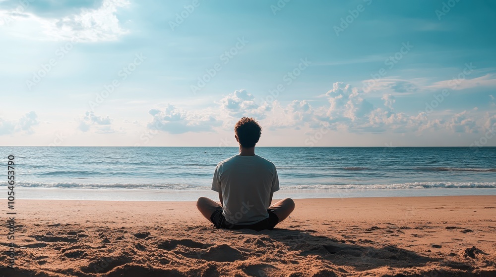 Man Meditating by the Ocean at Sunset Man Meditating by the Ocean at Sunset