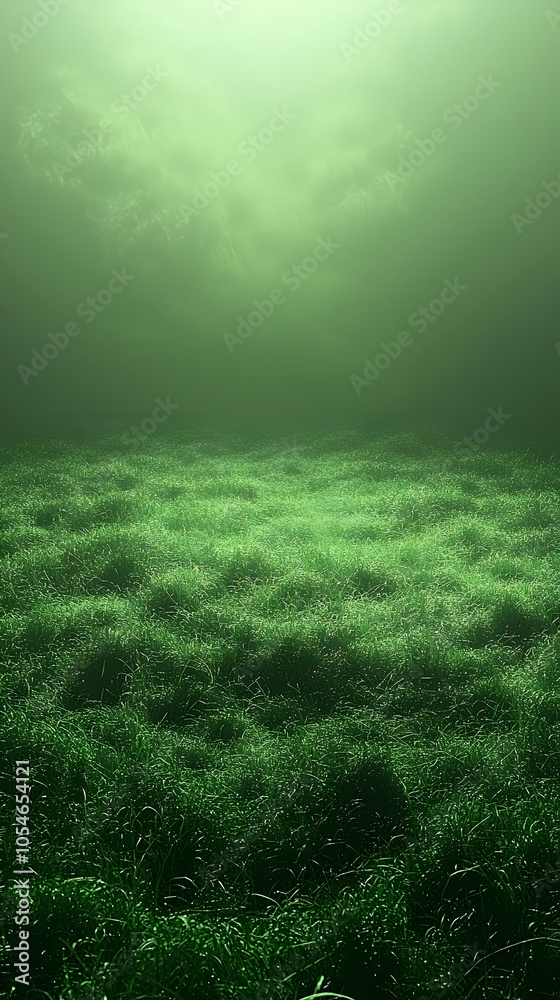 Fototapeta premium A serene underwater scene featuring lush green vegetation swaying gently, illuminated by soft, diffused light filtering through the water, creating a tranquil atmosphere.
