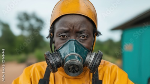 Resilient woman in protective suit and gas mask under blue sky outdoors photo