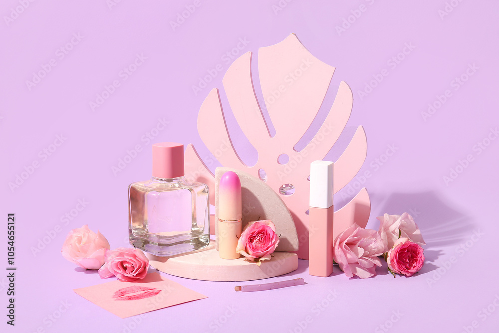 Composition with decorative cosmetics, beautiful flowers and decor on lilac background Composition with decorative cosmetics, beautiful flowers and decor on lilac background