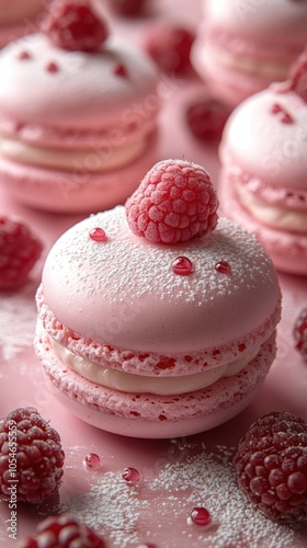 Pink Macaron with Raspberry Topping and Powdered Sugar