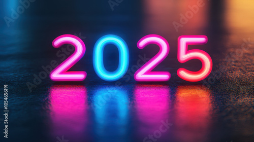 Bright and vibrant neon numbers 2025 reflecting on smooth surface, creating modern and futuristic atmosphere. Perfect for celebrating upcoming year