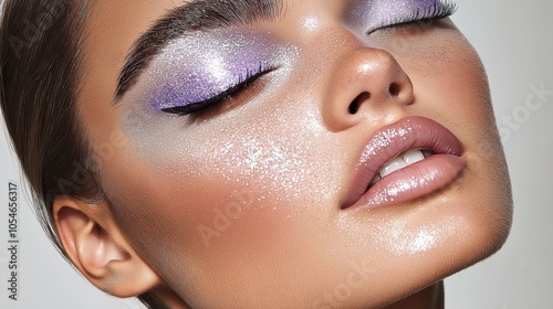 Glitter makeup close-up with shimmering purple eyeshadow and glossy lips