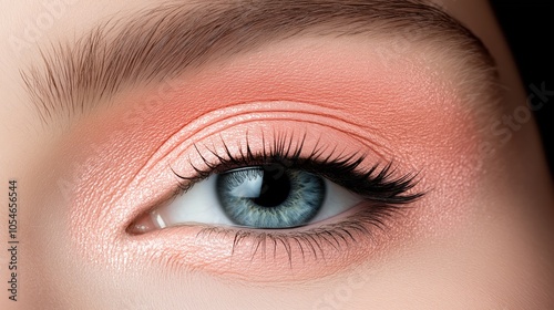 Close-up of blue eye with peach eyeshadow and long eyelashes