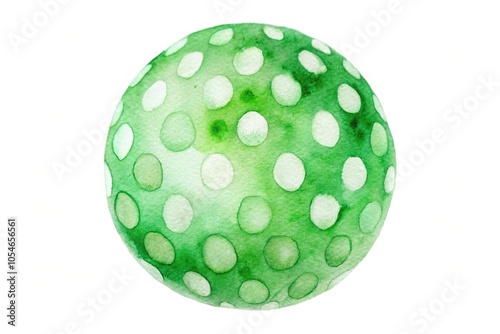 Watercolor painted ball with cute green spots on white background reflected in water