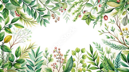 Watercolor painted greenery seamless frame with green wild plants branches leaves and twigs isolated clipart in wide-angle