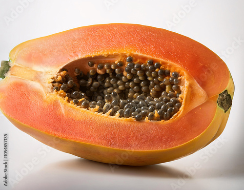 A halved papaya with vibrant orange flesh and numerous black seeds in the center photo