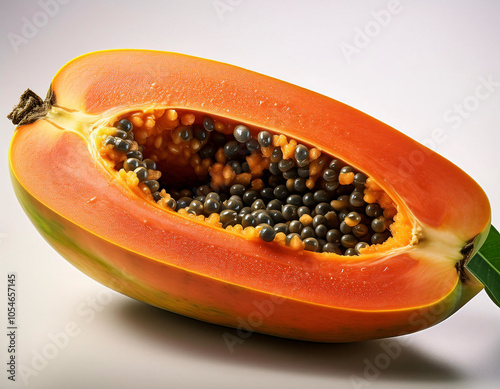 A halved papaya with vibrant orange flesh and numerous black seeds in the center photo