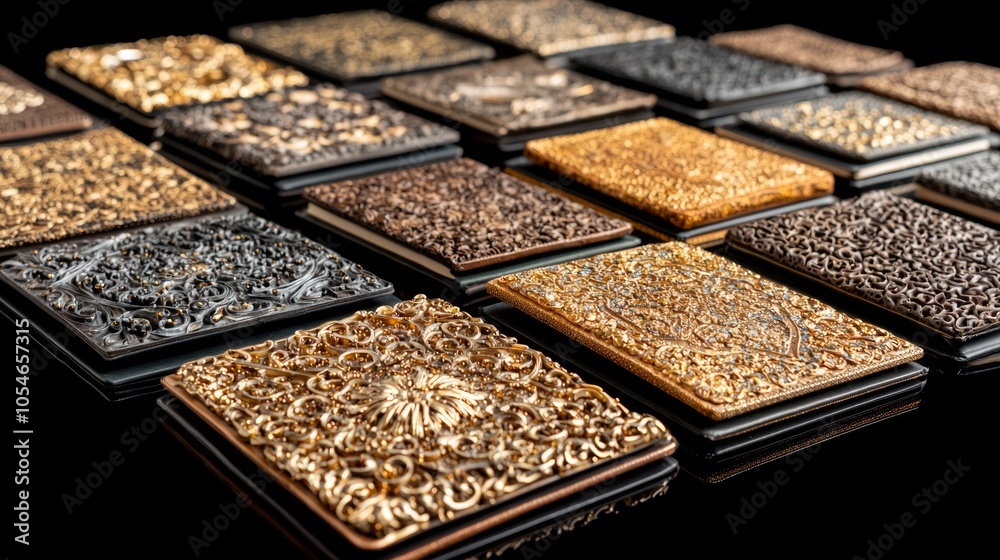A collection of ornate, gold-embossed journals arranged in rows on a black surface, showcasing intricate details and craftsmanship. A collection of ornate, gold-embossed journals arranged in rows on a black surface, showcasing intricate details and craftsmanship.