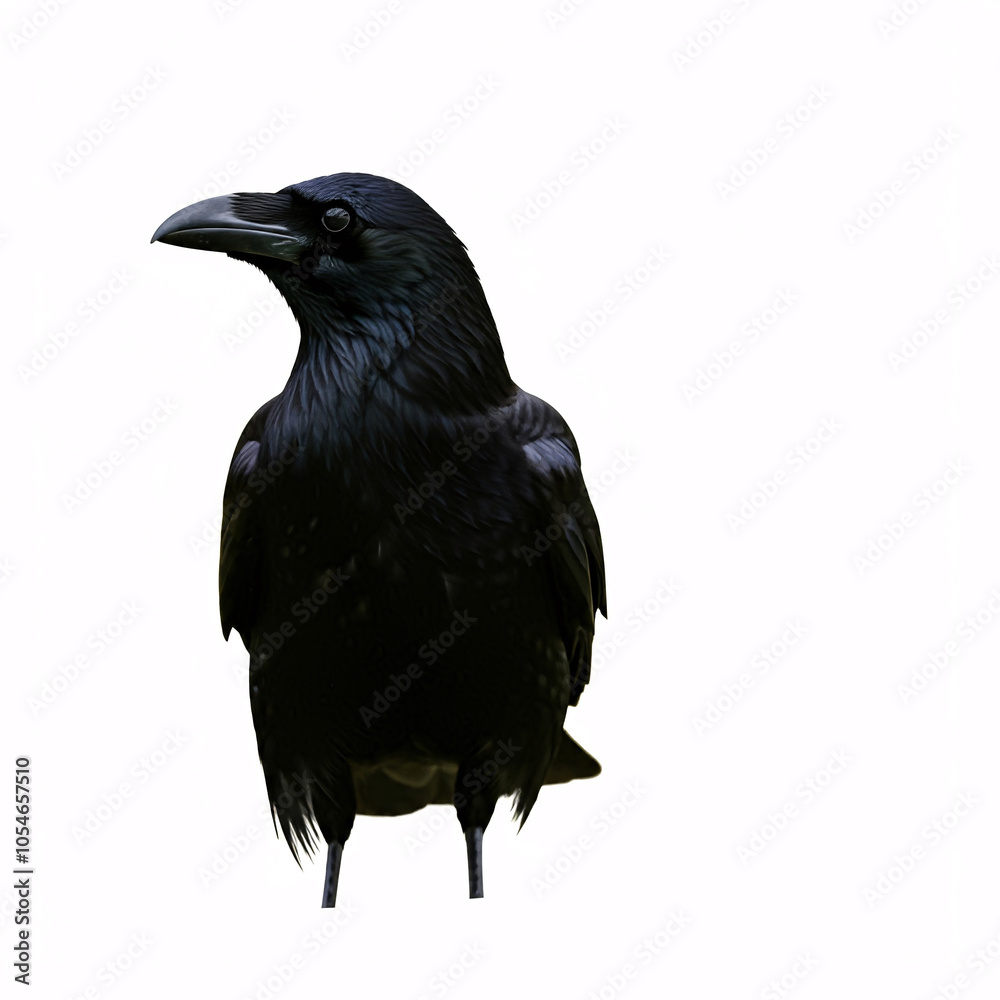 Fototapeta premium A large, black raven with a wide open beak, standing on a white background