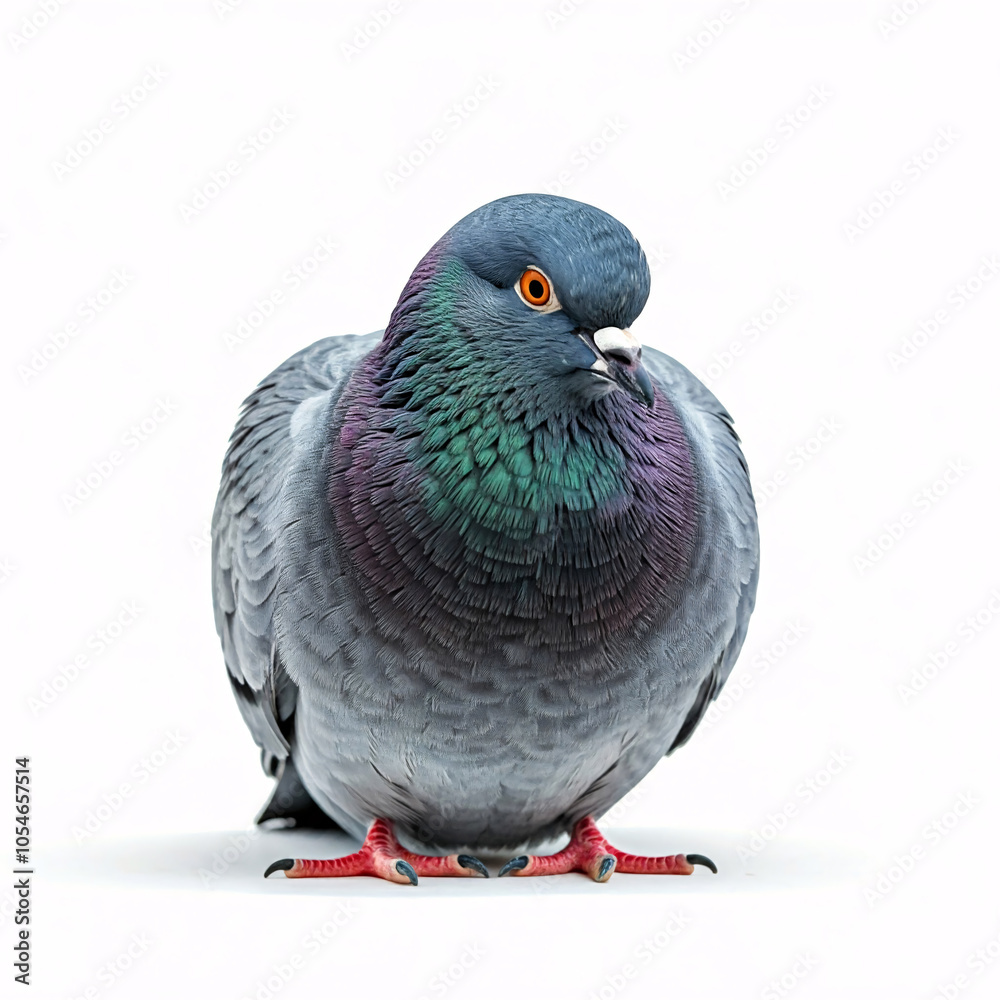 Fototapeta premium A plump pigeon with a vibrant iridescent sheen, standing on a white background