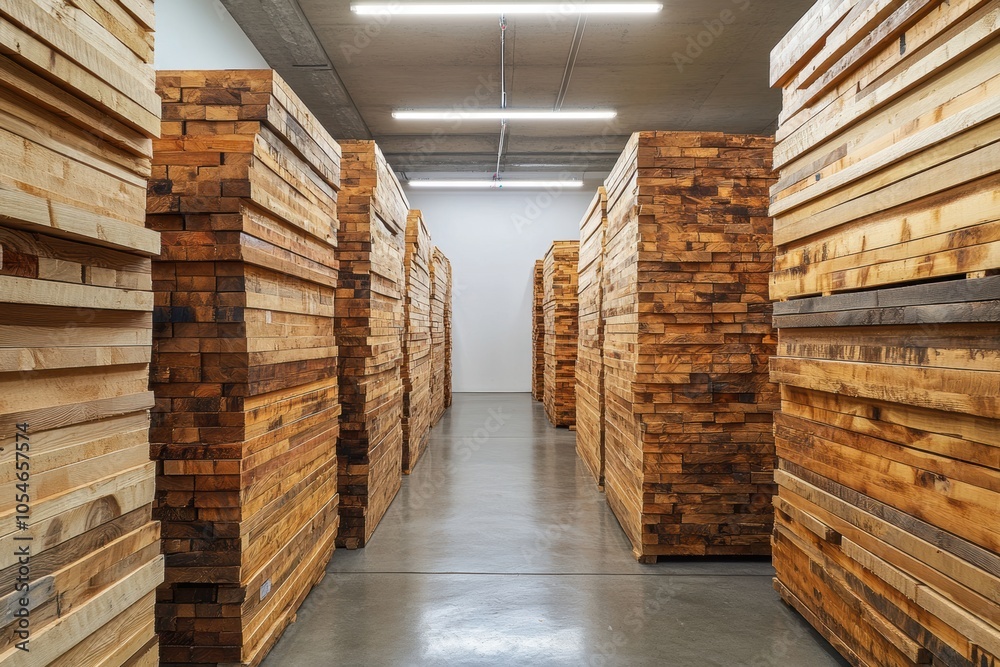 organized warehouse display, wood planks neatly stacked on concrete floor under fluorescent lights in seamless rows, creating an orderly display organized warehouse display, wood planks neatly stacked on concrete floor under fluorescent lights in seamless rows, creating an orderly display