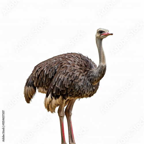 A large gray ostrich with long legs and a long neck stands on a white background photo