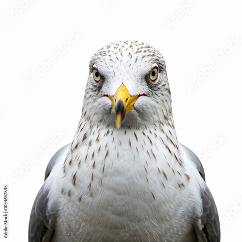 A close-up portrait of a seagull with a white head and a yellow beak, looking directly at the camera