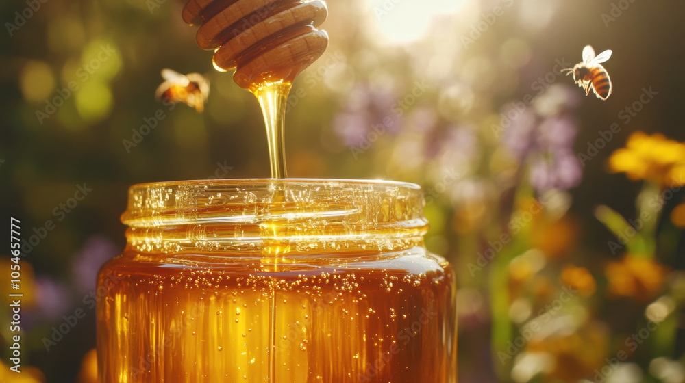 close up of jar of golden honey with sunlight illuminating its rich texture, surrounded by flowers and buzzing bees, creating warm and inviting atmosphere close up of jar of golden honey with sunlight illuminating its rich texture, surrounded by flowers and buzzing bees, creating warm and inviting atmosphere