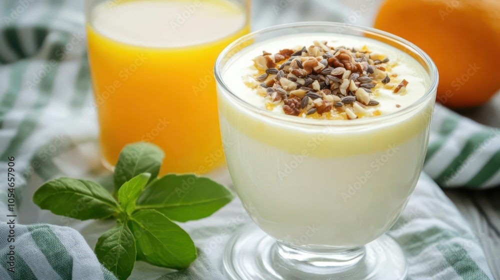 Elegant breakfast with yogurt topped with nuts and seeds, placed next to a glass of freshly squeezed orange juice Elegant breakfast with yogurt topped with nuts and seeds, placed next to a glass of freshly squeezed orange juice