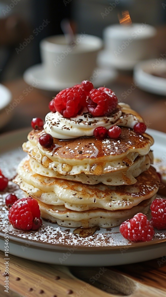 Delicious Pancakes with Whipped Cream and Raspberries Delicious Pancakes with Whipped Cream and Raspberries