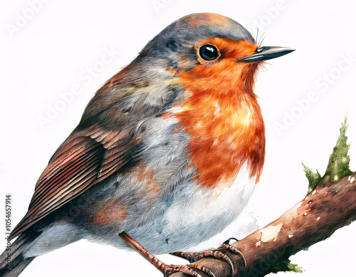 A detailed illustration of a European Robin perched on a branch, its vibrant orange breast contrasting with the white background photo