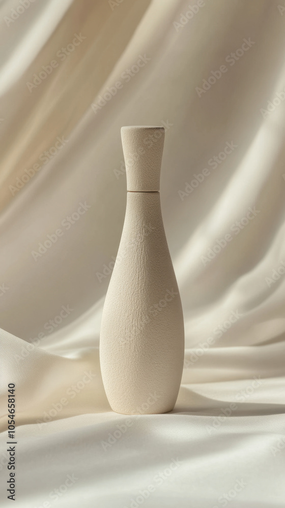 creamy colored perfume bottle stands tall against soft, flowing background, exuding elegance and simplicity. Its unique shape and texture create serene atmosphere creamy colored perfume bottle stands tall against soft, flowing background, exuding elegance and simplicity. Its unique shape and texture create serene atmosphere