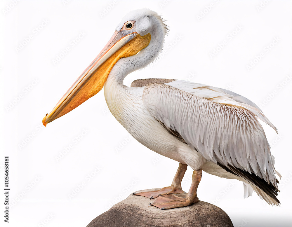 A close-up portrait of a pelican with a large, colorful beak and inquisitive eyes, isolated on a white background A close-up portrait of a pelican with a large, colorful beak and inquisitive eyes, isolated on a white background