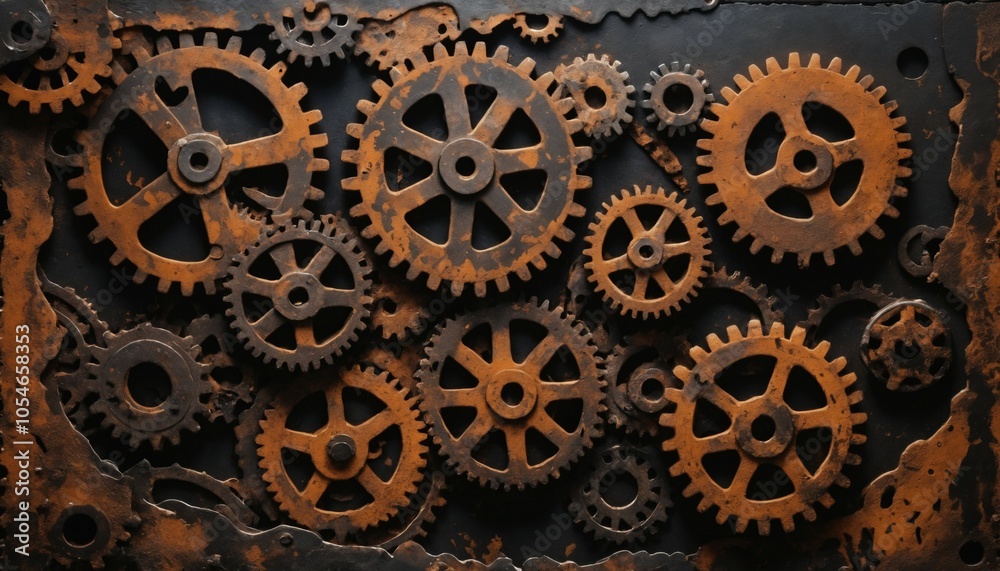 Tangled gears with layers of rust, smudged oil marks, and dark metal patches, creating a deep, grungy industrial texture Tangled gears with layers of rust, smudged oil marks, and dark metal patches, creating a deep, grungy industrial texture