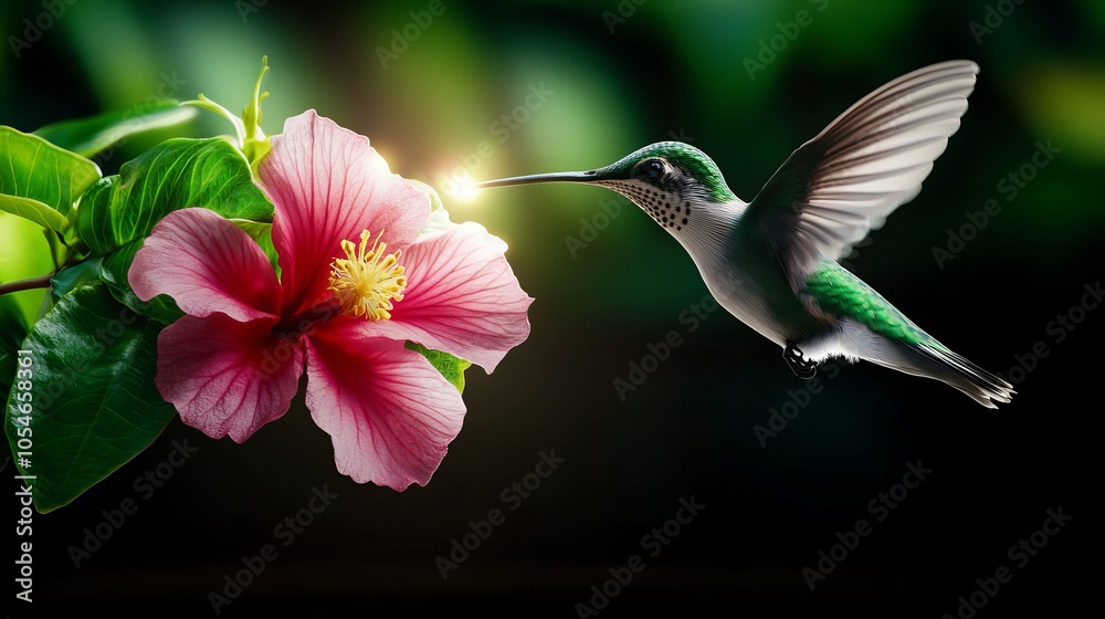 A hummingbird hovers in mid-air, its long beak reaching for nectar from a pink hibiscus flower.