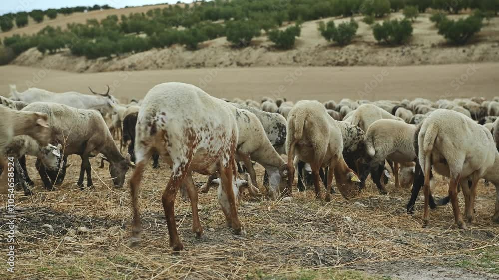 A tranquil rural scene with a large flock of sheep grazing on dry, open fields. This landscape captures the essence of pastoral life, showcasing nature and agriculture in harmony. A tranquil rural scene with a large flock of sheep grazing on dry, open fields. This landscape captures the essence of pastoral life, showcasing nature and agriculture in harmony.
