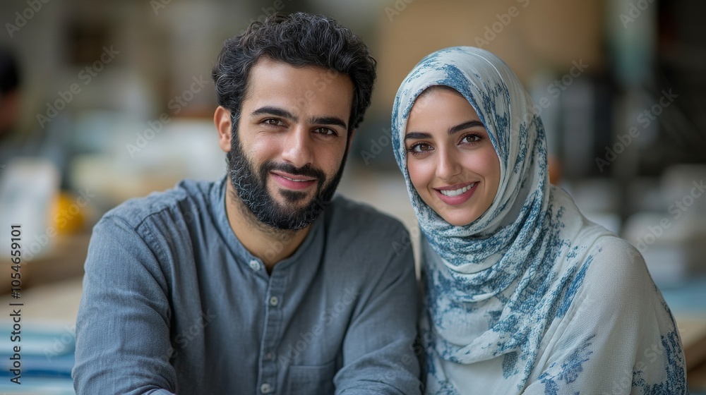 Young Middle Eastern couple smiling together while working on a project in a cozy cafe setting Young Middle Eastern couple smiling together while working on a project in a cozy cafe setting