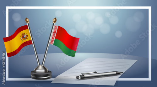 Spain and Belarus Small national flag on bokeh background, cooperative relationship