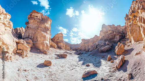 Panoramic photo of al hasef rock formations in saudi arabia on a sunny day, featuring desert landscape with sand and rocks, high resolution image. Sunny Desert Canyon. Illustration photo