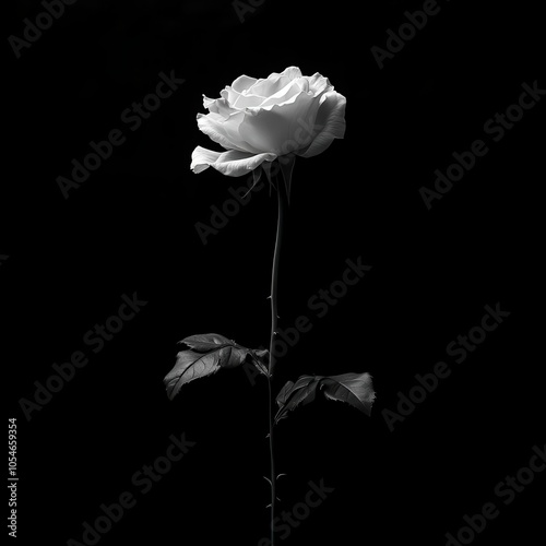 Single white rose on a black background, soft focus on petals, natural light, dramatic contrast.