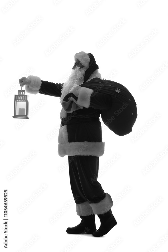 Silhouette of Santa Claus with bag of gifts and lantern on white background Silhouette of Santa Claus with bag of gifts and lantern on white background