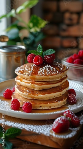 Delicious Pancakes with Raspberries and Syrup