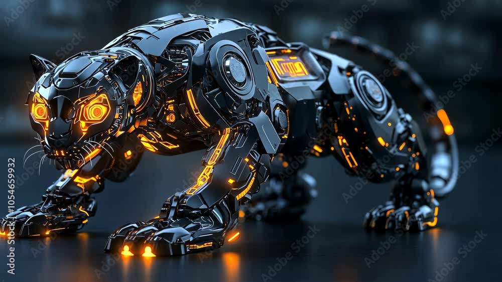 A metallic, robotic panther stands ready to strike, glowing with orange lights A metallic, robotic panther stands ready to strike, glowing with orange lights
