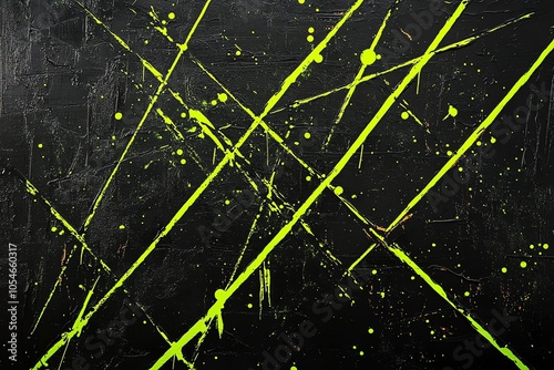 Abstract black and neon green paint splatters and streaks on a black background. photo