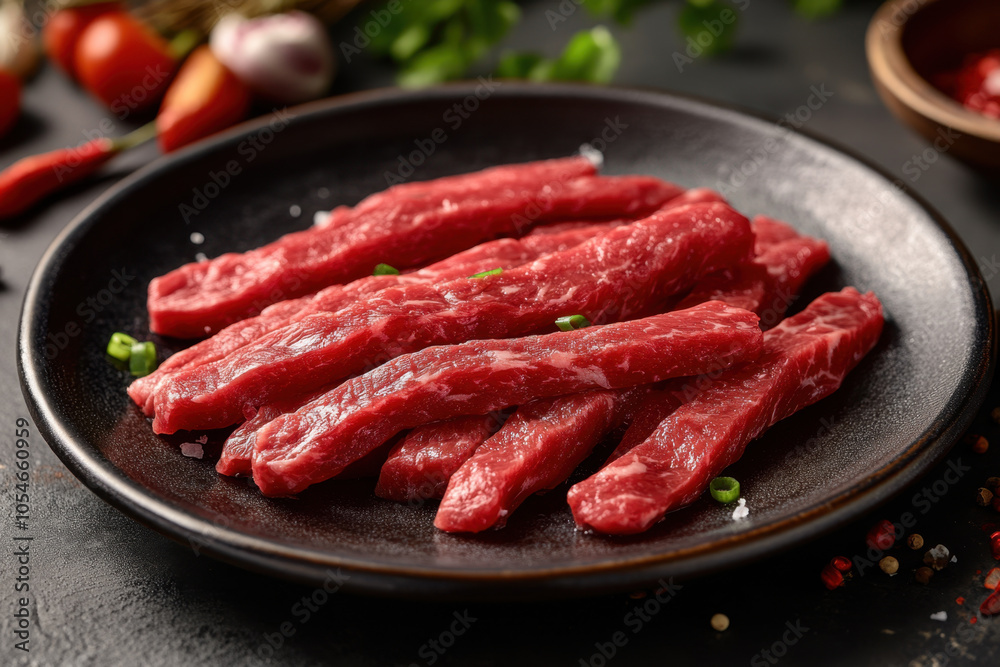 Fresh raw meat strips are beautifully arranged on black plate, showcasing their vibrant red color and marbling. This appetizing display is perfect for culinary enthusiasts Fresh raw meat strips are beautifully arranged on black plate, showcasing their vibrant red color and marbling. This appetizing display is perfect for culinary enthusiasts