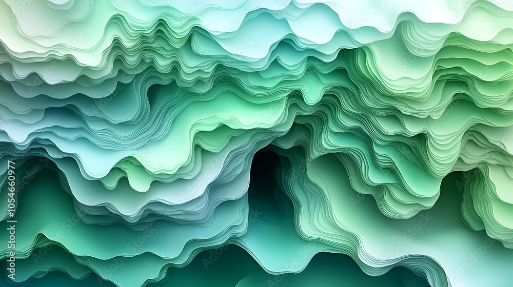 An abstract composition of layered paper waves in shades of green and teal, creating a soothing and tranquil visual. The fluid curves evoke a sense of calm and natural beauty. An abstract composition of layered paper waves in shades of green and teal, creating a soothing and tranquil visual. The fluid curves evoke a sense of calm and natural beauty.