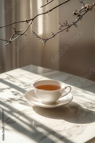 An empty teacup rests on a sleek marble table, casting a subtle shadow in the minimalist and clean space, illuminated by soft natural lighting.