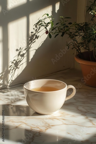 Empty teacup on a marble table, subtle shadow, minimalist and clean, natural lighting.