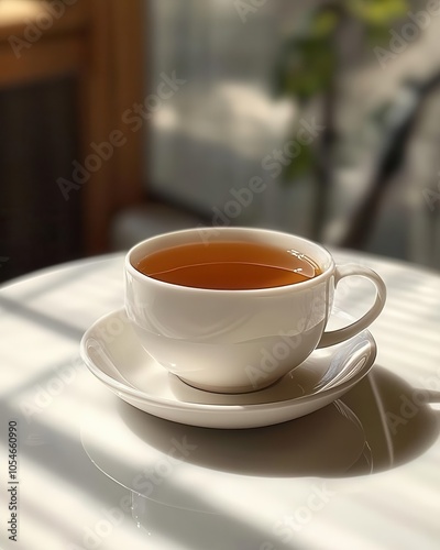 A cup of black tea sits on a white table in a minimalist setting, bathed in natural lighting and casting a gentle shadow.