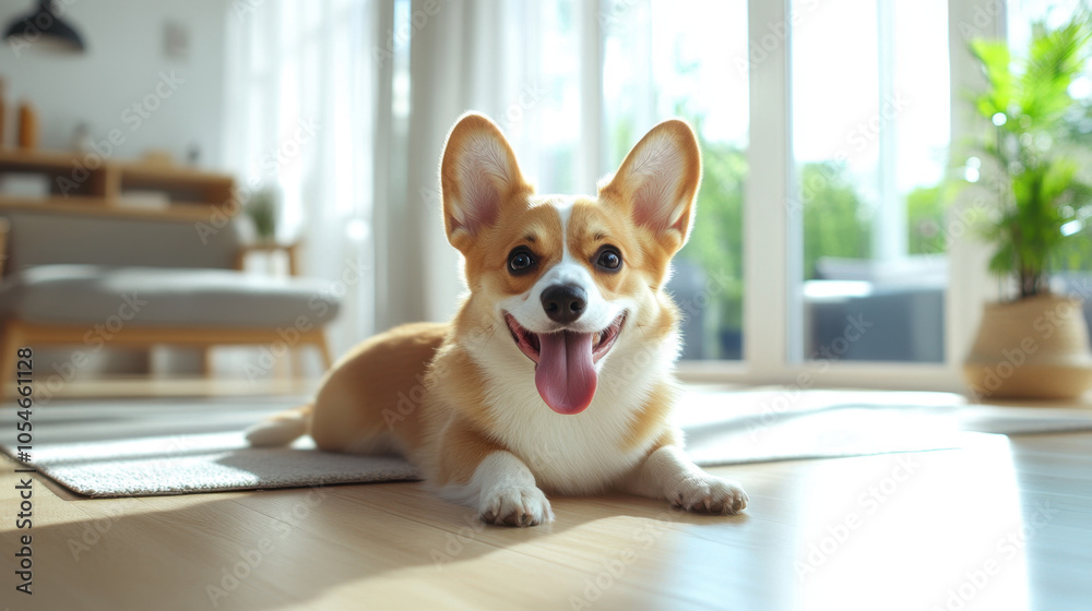 happy Welsh Corgi puppy lies on soft rug in bright, modern living room, showcasing its playful personality and adorable features. sunlight streams in, creating warm atmosphere happy Welsh Corgi puppy lies on soft rug in bright, modern living room, showcasing its playful personality and adorable features. sunlight streams in, creating warm atmosphere