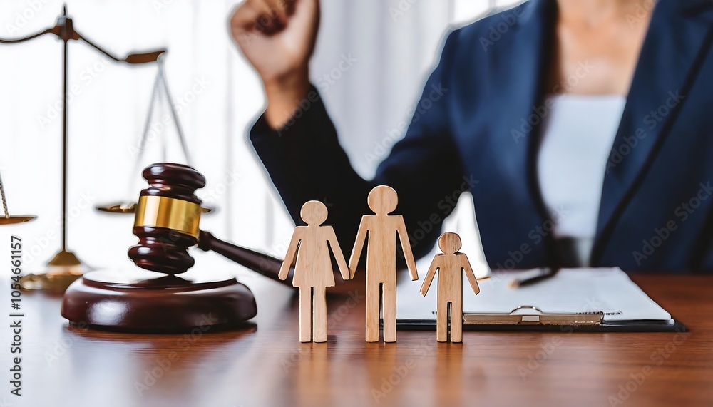A family wooden figure and gavel on a judge's table in a courthouse during a court hearing. A family wooden figure and gavel on a judge's table in a courthouse during a court hearing.