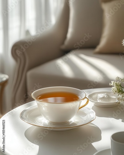 A cup of black tea sits on a white table in a minimalist setting, bathed in natural lighting and casting a gentle shadow.