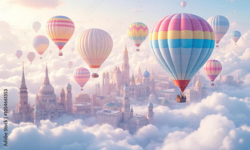 Fototapeta premium Hot Air Balloons Soaring Above a Cloudy Cityscape