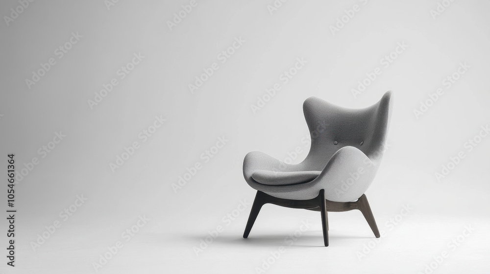 simplistic Scandinavian style chair in white setting, featuring soft gray upholstery and elegant wooden legs, perfect for modern interiors simplistic Scandinavian style chair in white setting, featuring soft gray upholstery and elegant wooden legs, perfect for modern interiors