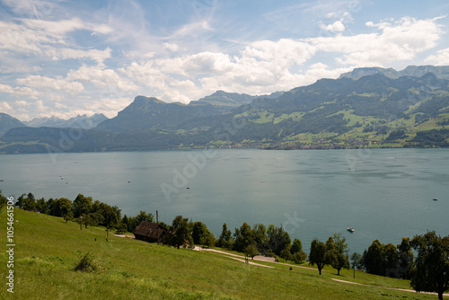 Alpine mountains and like. Panoramic of the nature of Switzerland. Nature of Swiss. Switzerland scenic landscape. Hiking in the Swiss Alps, hiking trail in Switzerland.